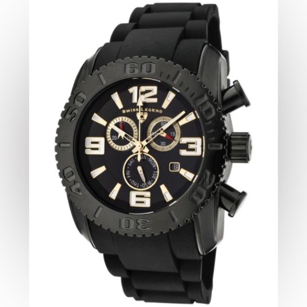 Swiss Legend Commander Black Chronograph Watch with Gold Accents - NWOB